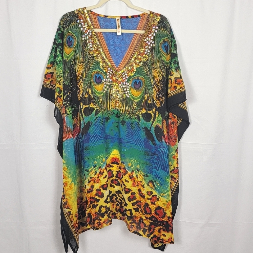 Peacock Print Kaftan Cover Up #2653